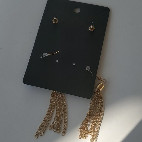 Boutique Two Pair Gold Tone Simple Heart Studs and Dangle Chain Earrings