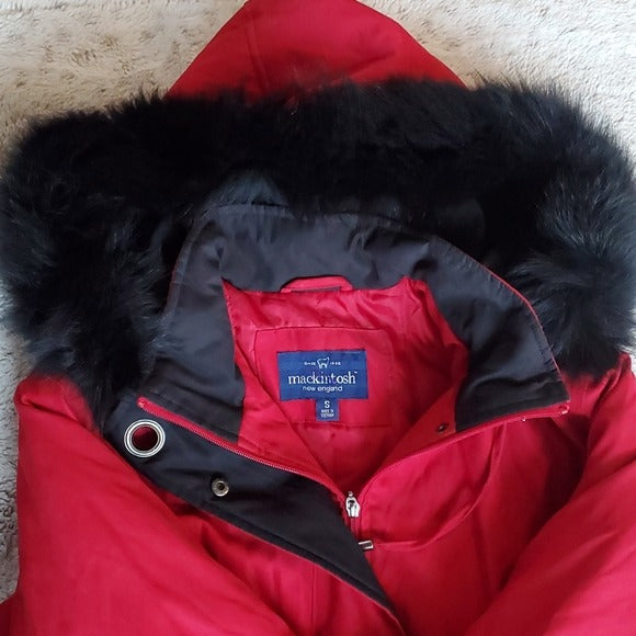 Mackintosh Longer Bright Red Puffer Winter Parka Fox Fur Rimmed Hood Size S