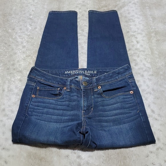 American Eagle Darker Wash Mid Rise Super Skinny Blue Jeans Size 2 Long