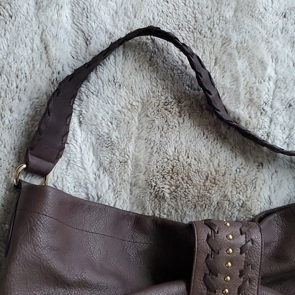 Ann Taylor LOFT Brown Leather Slouchy Hobo Tote w Flip Top Closure Purse Bag