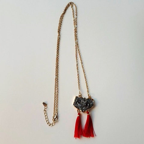 Boutique Long Adjustable Gold Tone Necklace w Faux Stone and Red Tassel Accents
