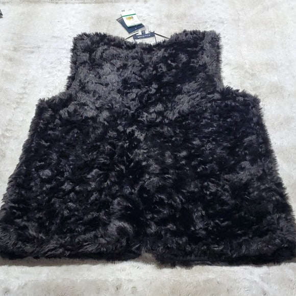 NWT Evan Picone Black Faux Fur Open Front Vest Size L