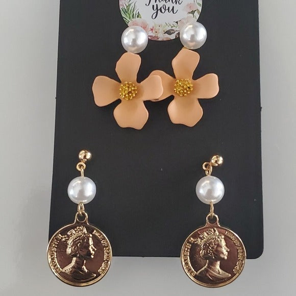 Boutique 2 Pair Gold Tone Earrings Orange Floral and Gold Coin