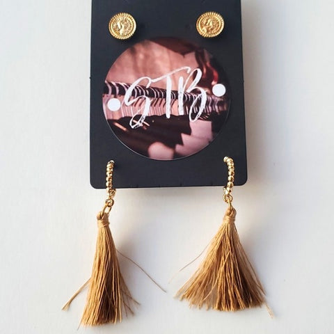 Boutique Two Pair Gold Tone Coin Studs and Gold and Tan Tassel Earrings