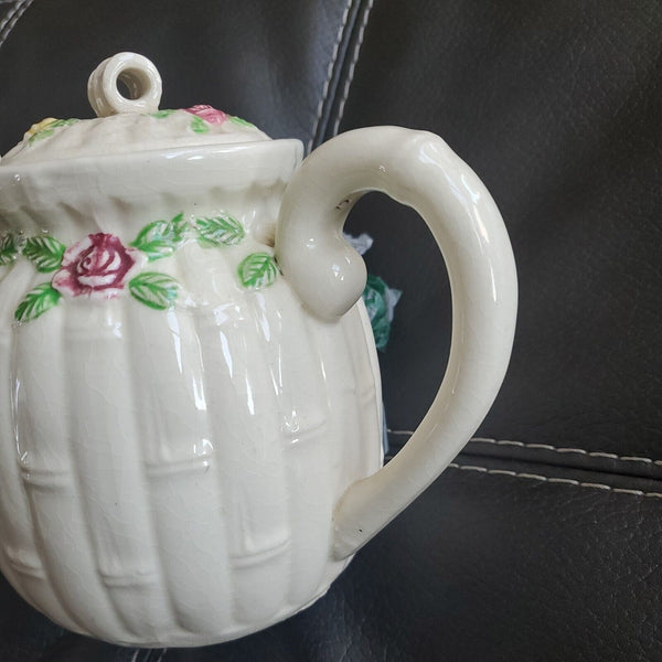 Vintage Japanese White Banboo Looking Floral Embellished Tea Pot 5 x 6 Inches