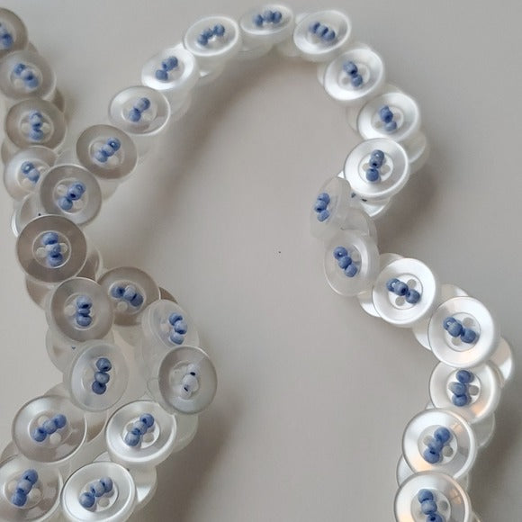 Vintage Boutique Handmade Layered Clear Buttons w Blue Threaded Long Necklace