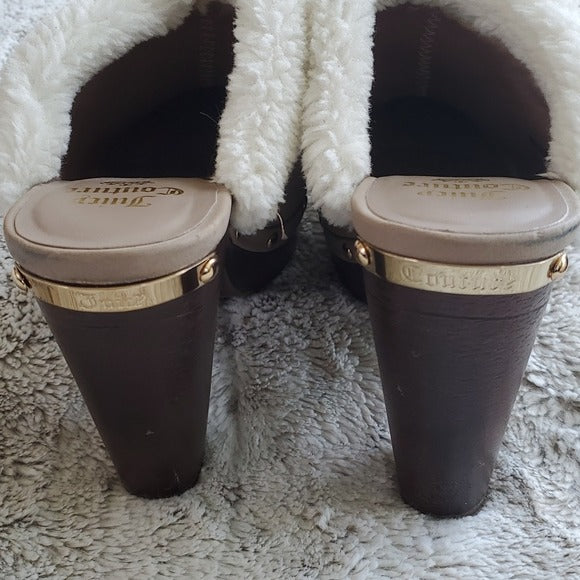 Juicy Couture Beige Leather Faux Fur Anora Slide On Heeled Mules Clogs Size 8.5