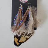 Boutique Dangle Embellished Earrings Feather Beads and Leather Strip