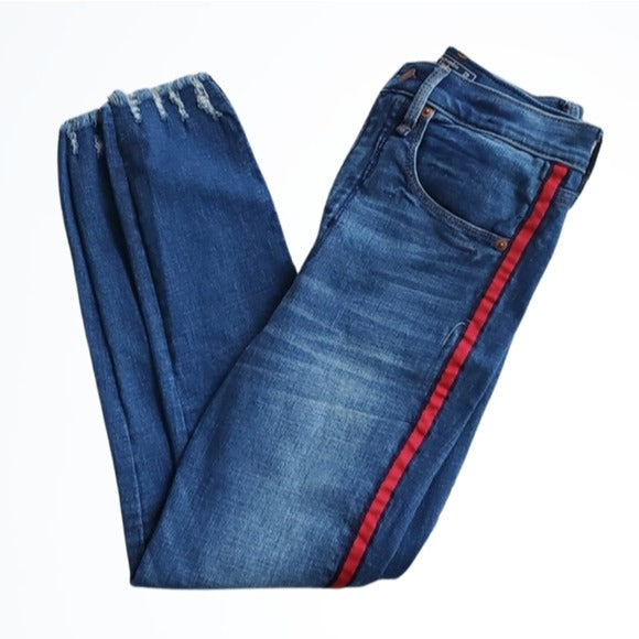 Abercrombie & Fitch High Rise Red Stripe Stretchy Raw Hem Skinny Jeans Size 0