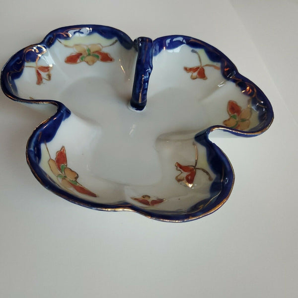 Antique Japan Cobalt Trimmed Dish Hand-painted Flowers & Gold/ Candy Dish 6 x 6