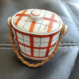 Vintage Japanese White Orange Lattice Small Covered Bisquit Bowl 3 x 2 Inches