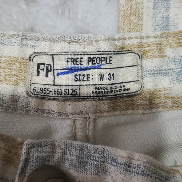 Free People Beige Blue Gold Chevron Print Straight Leg Jeans w Ankle Zippers 31