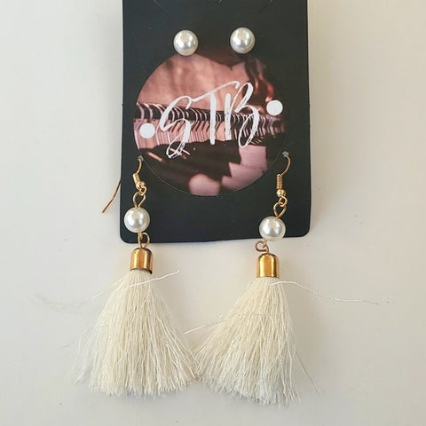 Boutique Two Pair FauxPearl Studs and White Dangle Tassel Earrings