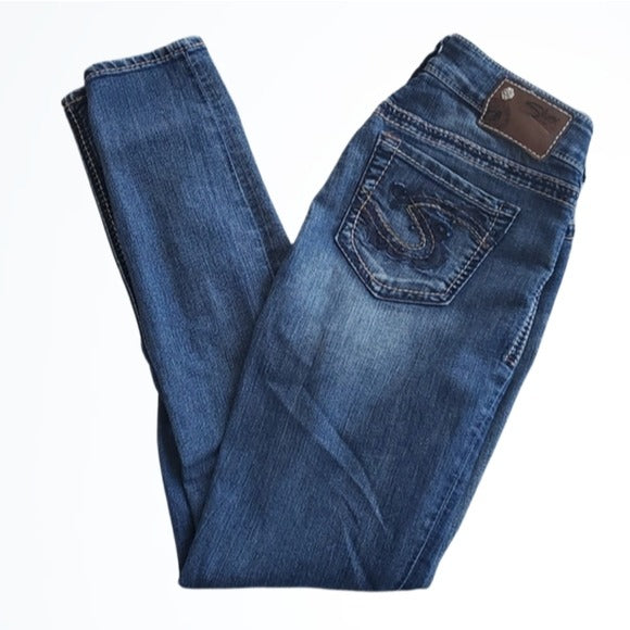 Silver Suki Mid Rise Back Pocket Embellished Blue Jean Jegging Size 27