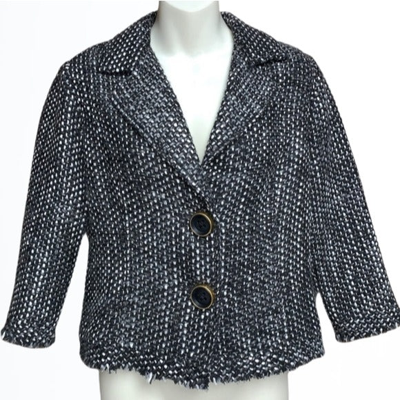 Cabi Black White Grey Tweed Wool Blend 3/4 Rough Hem Sleeved Blazer Size S