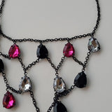 Boutique Black Linked Necklace w Faux Stones Black Clear and Pink