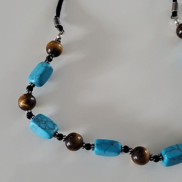 Lia Sophia Black Leather Multi Length Necklace w Blue and Brown Accent Necklace
