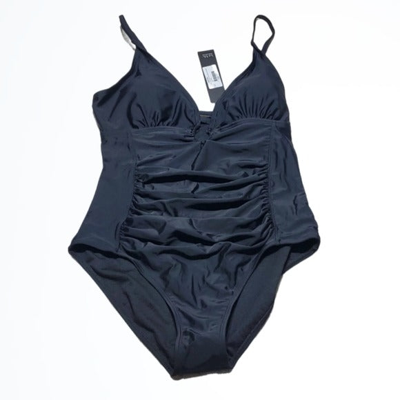 NWT Nicole Miller Black Control Top Ruching Peak Openings Swimsuit One Piece Size M