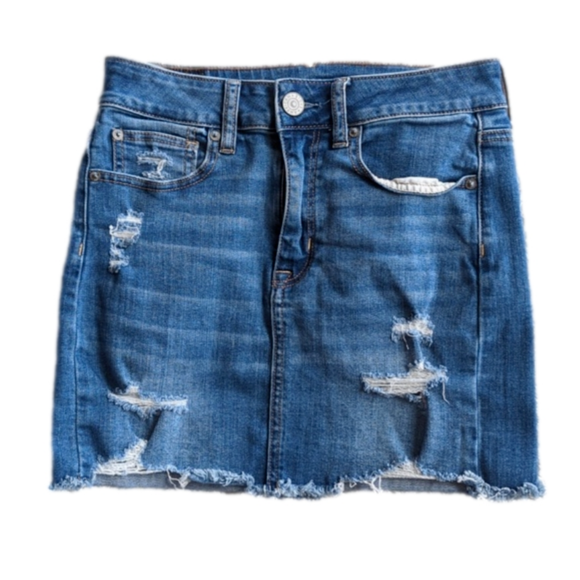 American Eagle Distressed Super Stretch  Denim Blue Jean Mini Skirt Size 2