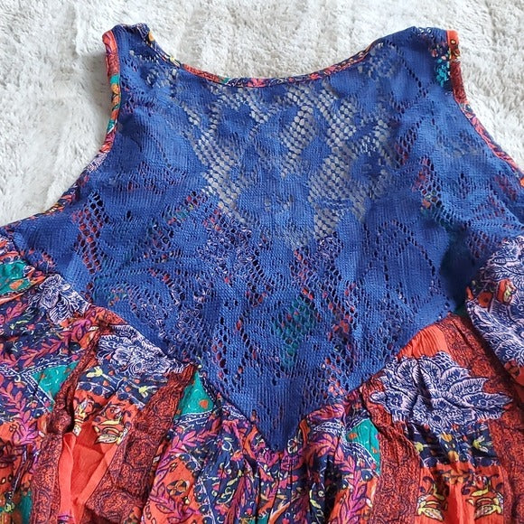 Free People Count Me In Trapeze Tunic Hot Red Combo Blue Festival Size S NWT