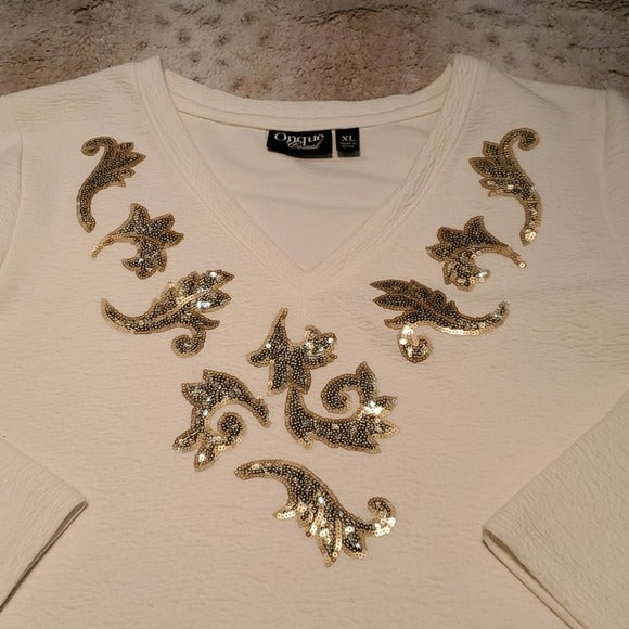 NWT Onque Casual Textured Cream Top w Gold Sequin Design Size XL