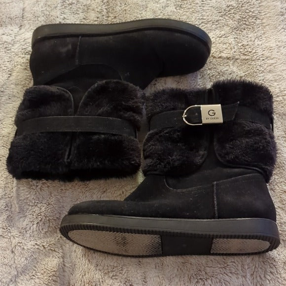 G by Guess Black Faux Fur and Suede Pull On Ankle Booties Snow Boots Size 8