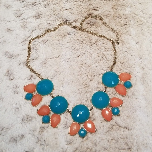Aqua and Coral Pink Accented Gold Necklace