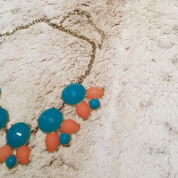 Aqua and Coral Pink Accented Gold Necklace