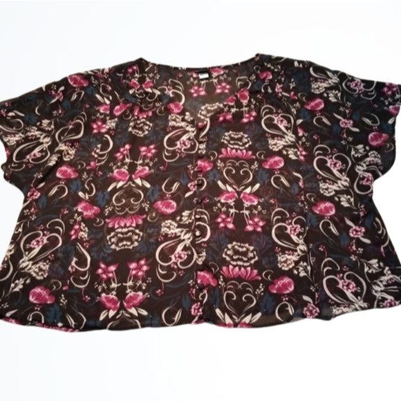 Torrid Sheer Black and Floral Button Up Blouse Size 3XL