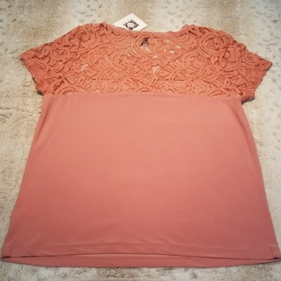 NWT Anne Klein Rose Gold Short Sleeved Lace Top Size S