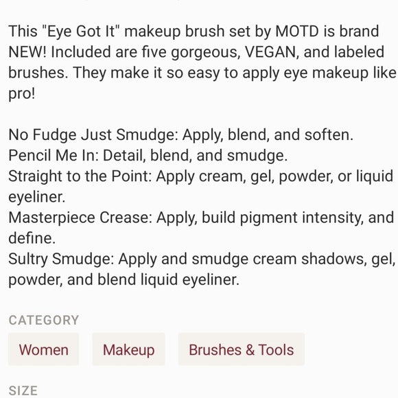 NWT MOTD Cosmetics 5 Brush Eye Got It Makeup Set