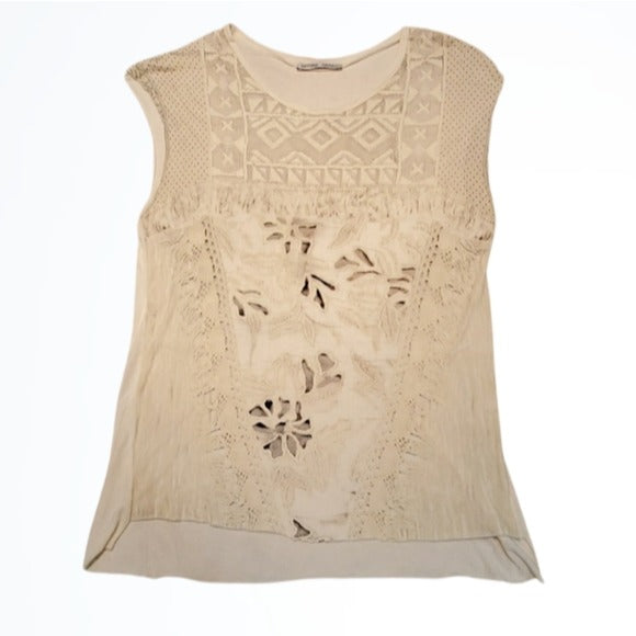 Zara W/E Collection Cream Printed Tee Shirt Size S