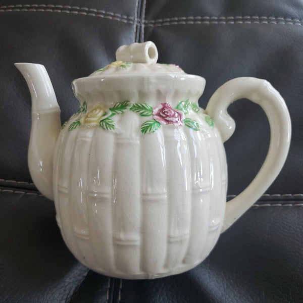 Vintage Japanese White Banboo Looking Floral Embellished Tea Pot 5 x 6 Inches