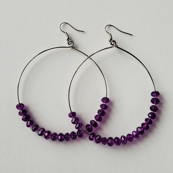 Vintage Boutique Silver Tone Large Hoop Earrings w Purple Bead Accents