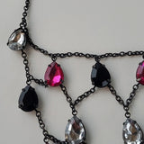 Boutique Black Linked Necklace w Faux Stones Black Clear and Pink