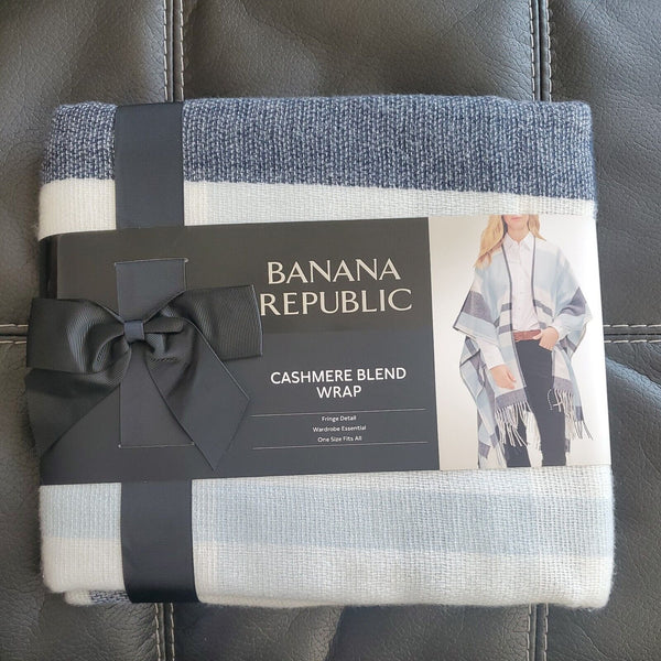 NWT Banana Republic Women's Cashmere Blend Blanket Wrap Fringe Blue White $119
