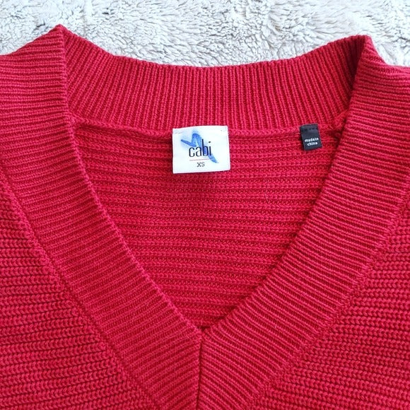 Cabi Dark Red Oversized V Neck Cable Knit Sleeves Long Sweater Size XS Bust 40