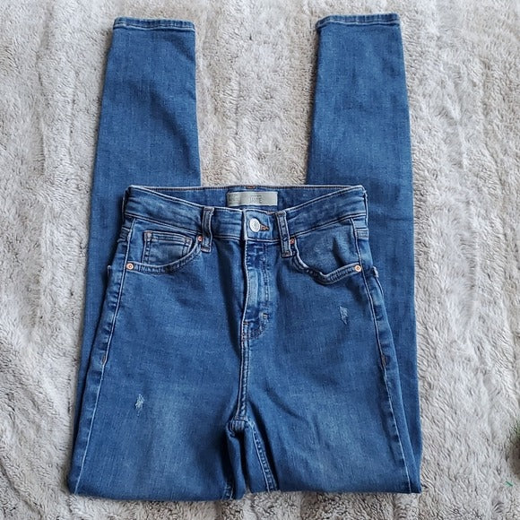TopShop Distressed Moto Jamie Fit Higher Mid Rise Skinny Blue Jeans Size 26