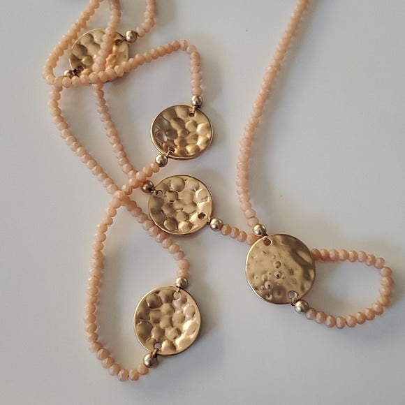 Classy Peach and Gold Tone Long Beaded Necklace and Matching Earrings 2