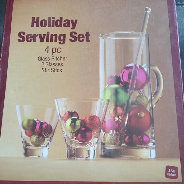 New Ulta Beauty Holiday Serving Set 4PC Glass Pitcher, 2 Glasses, Stir Stick