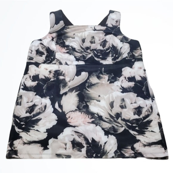 Venus Scuba Style Wide Neck Black White Floral Print Rear Full Zip Dress Size 22