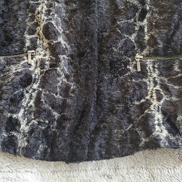 Laura Ashely Black Beige Faux Fur Animal Print Full Zipup Light Weight Jacket S