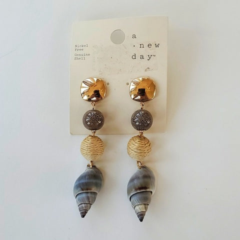 A New Day Long Dangling Genuine Shell and Nickel Free Earrings NWT