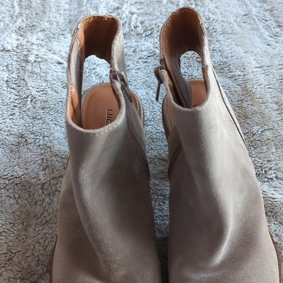Lucky Brand Shyna Tan Beige Leather Open Heel Pointed Toe Ankle Booties Size 9M