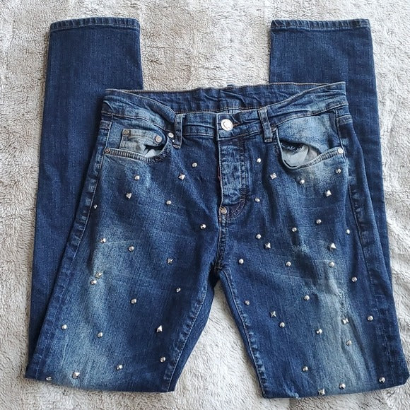 Phillipp Plein Medium Wash Studded Detailing Straight Leg Blue Jeans Size 33x30