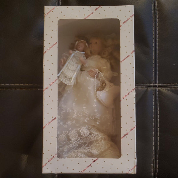 NIB Dillard's Trimmings Blonde Porcelain Doll Tree Topper with Baby Doll Vintage