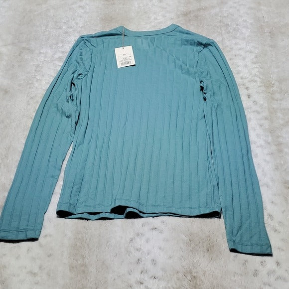 NWT A New Day Teal Ribbed Solid Long Sleeve Crew Neck Slim Fit Top Size XS