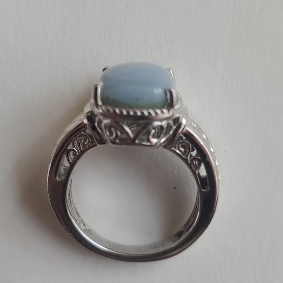 STS Karis Blue Mexican Angelite Solitare Platinum Bond Ring w Filigree Size 7