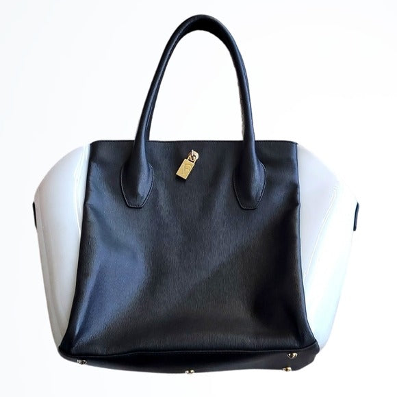 Furla Black Leather and White Soft Neoprene Large Shoulder Bag Purse Tote