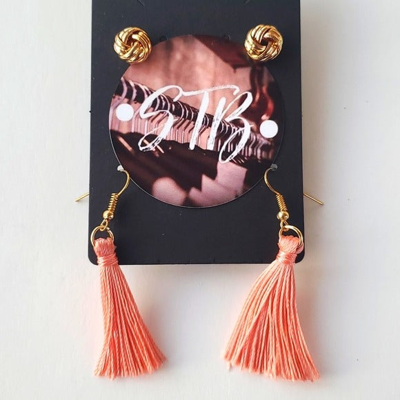 Boutique Two Pair Gold Tone Knotted Studs and Pink and Gold Tassel Earrings